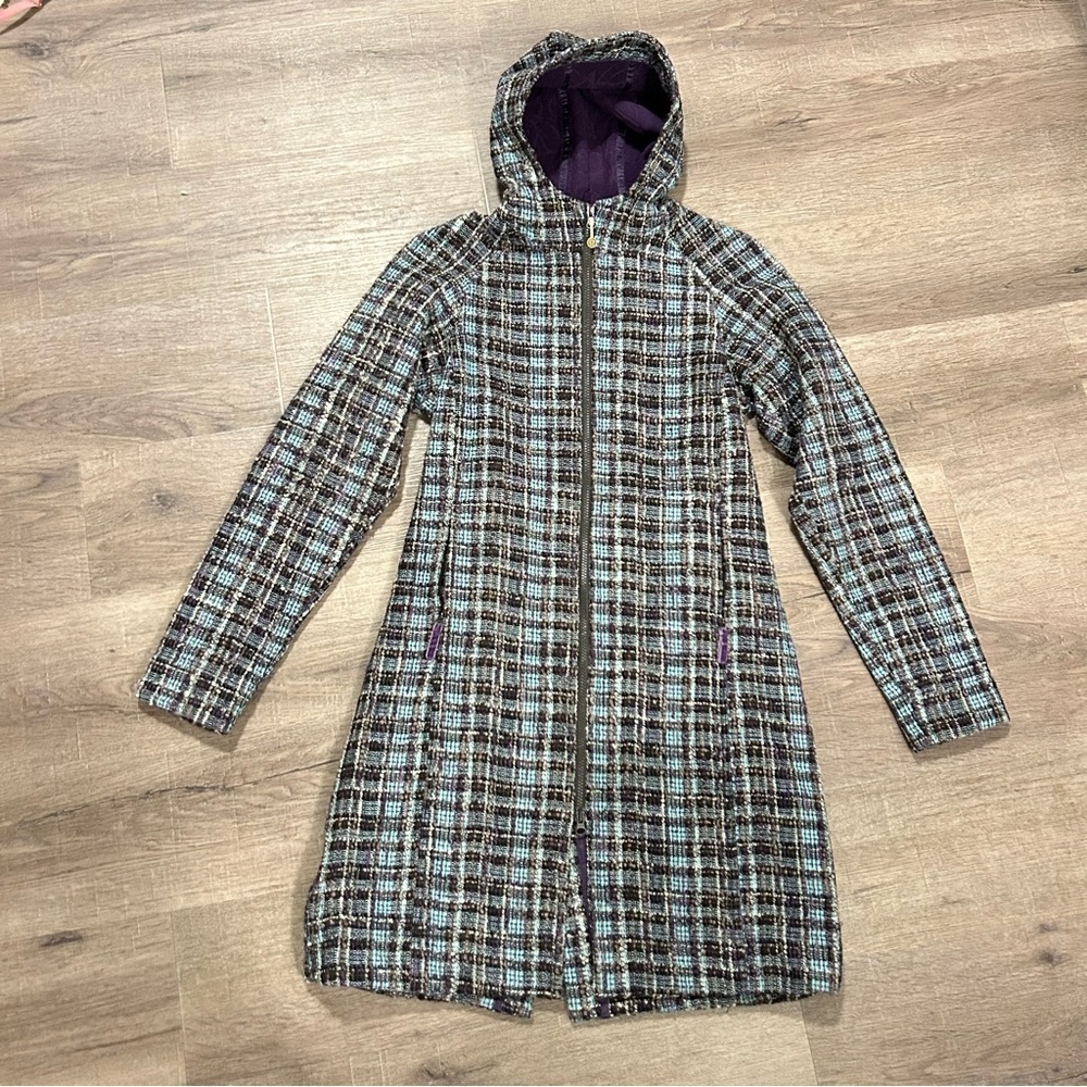 Vintage Fleece Lined Lululemon Plaid Tweed Hooded Women's Pea Coat EUC